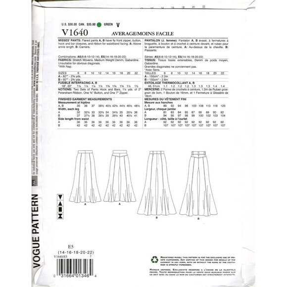 Vogue V1640 Misses 14 to 22 Flared Pants Uncut Sewing Pattern - Picture 2 of 2